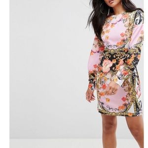 Scarf/Floral Print Mini Dress - Size 14